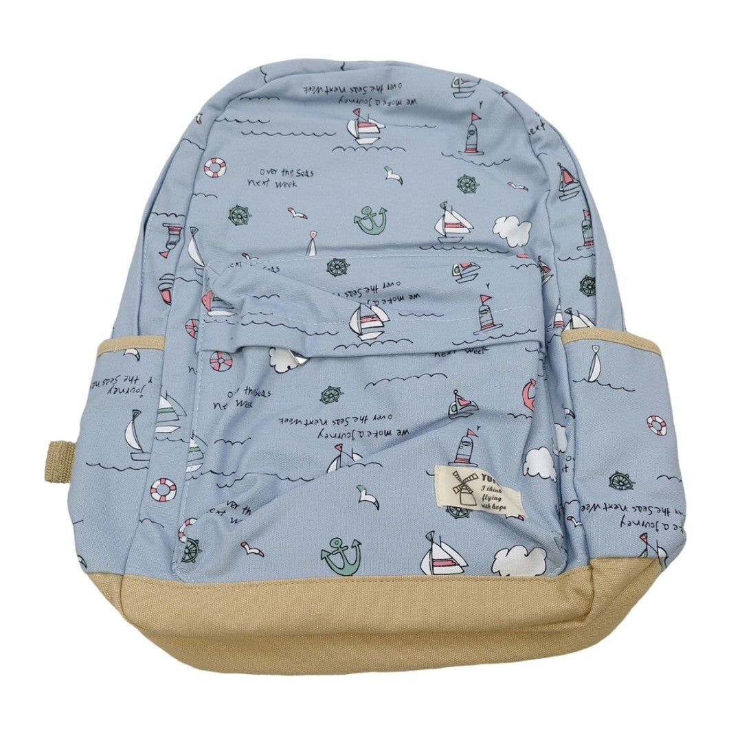 Clearance Blue Nautical Print Canvas Backpack with Sailboat & Lighthouse Pattern
